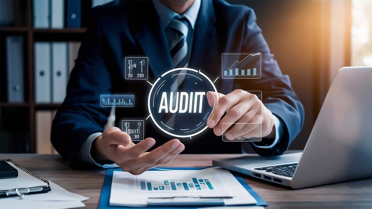 Audit report dashboard with compliance review visuals